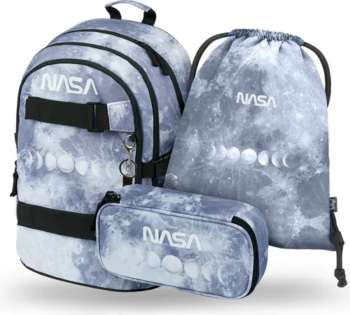 Baagl Schulrucksack Set Jungen 3 Teilig - Ergonomischer Ranzen für die Grundschule (NASA Grey) - Schultaschen-Set mit ergonomischem Design, ideal für Kinder ab 3. Klasse. Enthält Schulrucksack, Turnbeutel und Federmäppchen für optimalen Komfort und Stauraum.