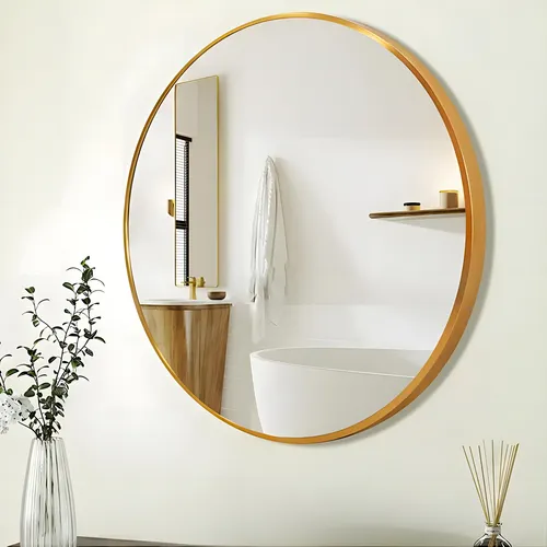 Erlesener Wandspiegel mit elegantem Goldrahmen - Moderner Wandspiegel in rundem Design, ideal für das Wohnzimmer. Der stabile Edelstahlrahmen verleiht jedem Raum einen Hauch von Eleganz. Maße: 70 x 3 x 70 cm, zur einfachen Wandmontage geeignet.