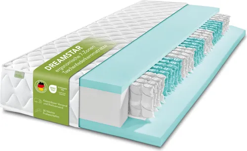 DREAMSTAR Ergo Flex Duo Taschenfederkernmatratze 80x200 cm - Ergonomische 7-Zonen Matratze mit Duohärtegrad für optimale Druckentlastung und Unterstützung. Atmungsaktiver Mikrofaserbezug, waschbar bis 60°C, für ein trockenes Schlafgefühl.