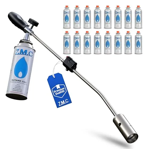 Z.M.C Unkrautvernichter 2,5 kW + 16 Gaskartuschen 227g, Unkrautbrenner mit Piezo-Zündung, Abflammgerät mit einstellbarer Flammenleistung bis zu 1400 °C