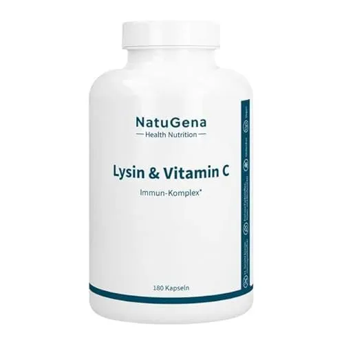 NatuGena Lysin & Vitamin C | 180 Kapseln - Nahrungsergänzungsmittel mit hochdosiertem, gepuffertem Vitamin C, Magnesium, Zink und Selen für eine optimale Nährstoffversorgung, vegan und ohne Zusatzstoffe.