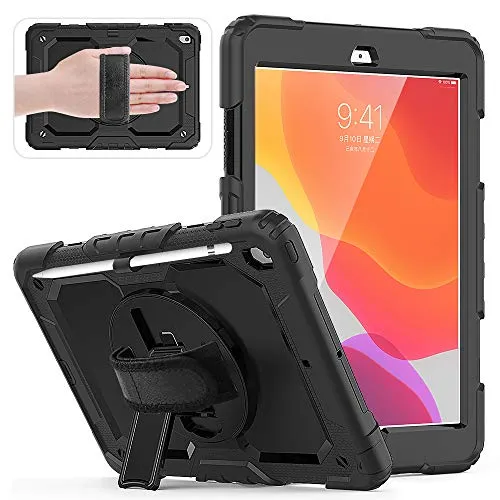 Lobwerk 4in1 Schutzhülle für Apple iPad (7th Generation) 2019 10.2 Zoll Hard Case + Standfunktion+Tragegurt Schwarz