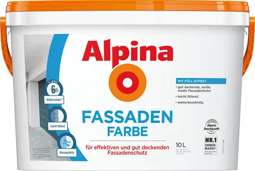 Alpina Fassadenfarbe 10 Liter - Weiß Matt - Lacke für effektiven Fassadenschutz mit ca. 6 Jahren Wetterschutz. Atmungsaktive, leicht füllende Farbe, ideal für ca. 60 m², abtönbar mit Alpina Color.