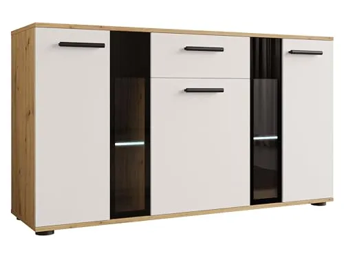 Mirjan24 Kommode Eiche Artisan Weiß - Elegante Kommode aus Holzwerkstoff mit 1 Schublade, rechteckig und ideal für das Wohnzimmer. Maße: 141x80x41 cm, inklusive LED-Beleuchtung in Blau für besondere Akzente.