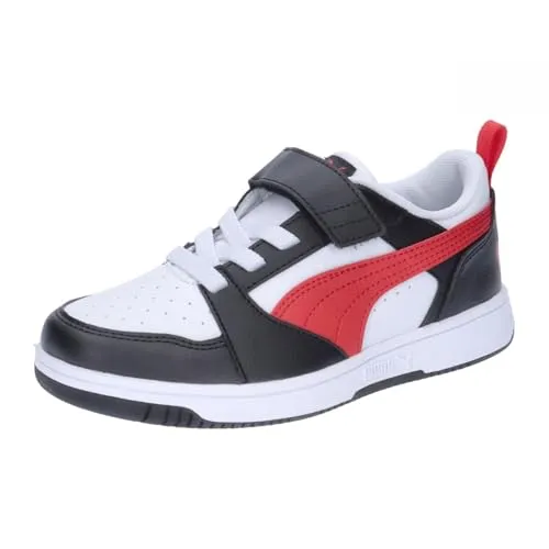 PUMA Rebound V6 Lo AC+ PS Sneaker - Weiß/Rot/Schwarz, 29 EU - Sneaker für Jungen mit aufwendig verarbeitetem Obermaterial, elastischen Schnürsenkeln und Klettverschluss für perfekten Halt und einfachen Einstieg.