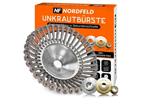 NORDFELD Benzin-Motorsense Unkrautbürste - Motorsensen-Zubehör mit 38 leistungsstarken Stahldrahtbürsten, ideal zum effektiven Entfernen von Unkraut, geeignet für gängige Modelle, inklusive Montagezubehör und Adapter.