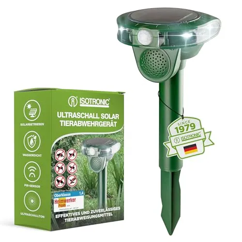 ISOTRONIC Ultraschall Solar Tiervertreiber – Katzenschreck & Hundeschreck mit 5m Reichweite - Effektiver Schutz für Ihren Garten: Der ISOTRONIC Tiervertreiber nutzt Solarenergie und erzeugt unangenehme Töne für Tiere. Einfach zu installieren und umweltfreundlich!