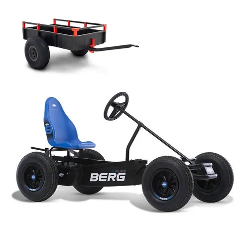 BERG Gokart XL B. Pure Blue mit Anhänger - Robustes Go-Kart für Kinder ab 5 Jahren, ausgestattet mit BFR-System für sicheres Bremsen und Rückwärtsfahren. Ideal für unebene Strecken dank Luftreifen und Pendelachse.