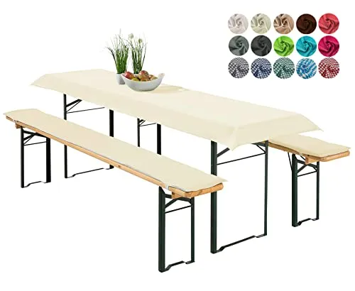 heimtexland ® Bierzeltgarnitur Auflagen Set 3-teilig - Praktisches 3-teiliges Set für Bierzeltgarnitur in ecru, inklusive strapazierfähiger Tischdecke und bequemen Polstern - Ideal für gesellige Anlässe und pflegeleicht.