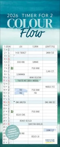 Timer for 2 Colourflow 2026: Familienkalender mit 3 großen Spalten. Familientimer mit Ferienterminen, Müllspalte und Vorschau bis März 2027. Format: 19 x 46 cm.