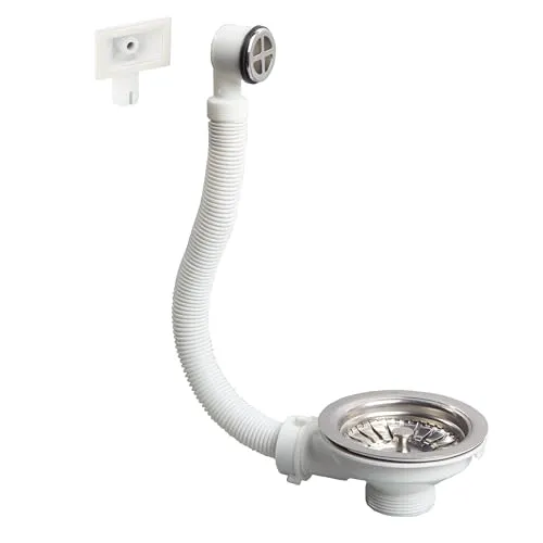 Wirquin 30723117 Ablaufgarnitur für Spülbecken ø90, 1 Becken, Kunststoff und Metall, mit Überlauf außen, verchromt, weiß