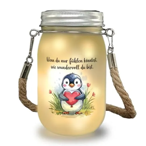 speecheese Pinguin mit Herzballon Solarlicht - Du bist wundervoll Aquarell-Zeichnung eines Pinguins mit herzförmigem Luftballon deutscher Text Solarlicht