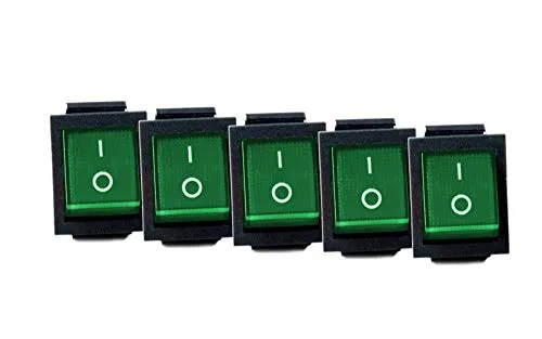5x Wippschalter eckig grün beleuchtet 2-polig 250V 16A EIN/AUS Snap In Montage Einbaumaß 30x22mm