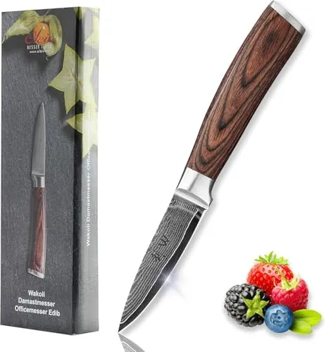 Wakoli Edib Damast Officemesser - 8 cm Klinge aus 67 Lagen Damaststahl, ergonomischer Pakkaholzgriff für präzise und mühelose Schnitte