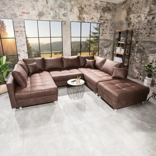 riess-ambiente Wohnlandschaft KENT 305cm braun, Set 2 Teile - Wohnlandschaften mit Federkern für hohen Sitzkomfort, U-Form, ideal für entspannte Stunden im Wohnzimmer. Pflegeleichter Microfaserbezug und inkl. Hocker & Kissen.
