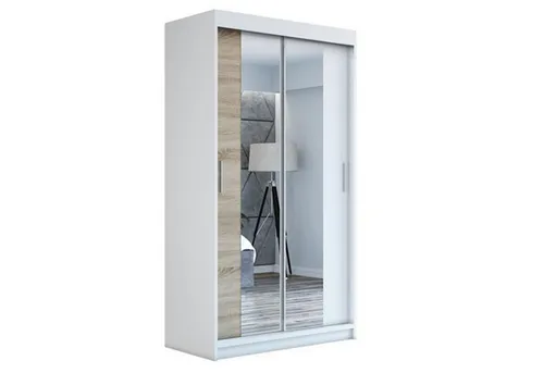 A&J MöbelLand NEO Schwebetürenschrank 2-türig mit Spiegel - Schwebetürenschrank mit 2 Spiegeln, 6 Regalen und 1 Kleiderstange – ideal für stilvolle und platzsparende Aufbewahrung in Ihrem Schlafzimmer. Erhältlich in 3 Größen.