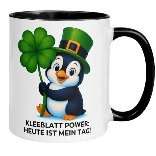 Pinguin Tasse mit Spruch | Kleeblatt Power - Heute ist mein Tag | Lustige Kaffeetasse Glücksbringer Geschenk | Witziger Positiver Becher für Freund Freundin Mann Frau