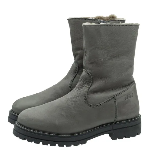 Clic Clic Stiefel Leder Damen Teens Boots 20440 Lammfellfutter Grau Schnürstiefelette