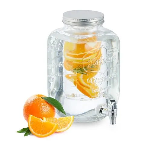 Relaxdays Getränkespender 5 Liter aus Glas mit Zapfhahn - Eisgetränkeautomaten: Praktischer Getränkespender für Wasser, Säfte und Limonaden mit fruchtigem Einsatz für individuelle Drinks - Ideal für Gartenpartys und Events.