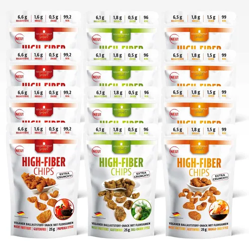 High-Fiber Chips 12x25 g Paprika, Dill-Onion, Mango-Chili, Ballaststoffe satt