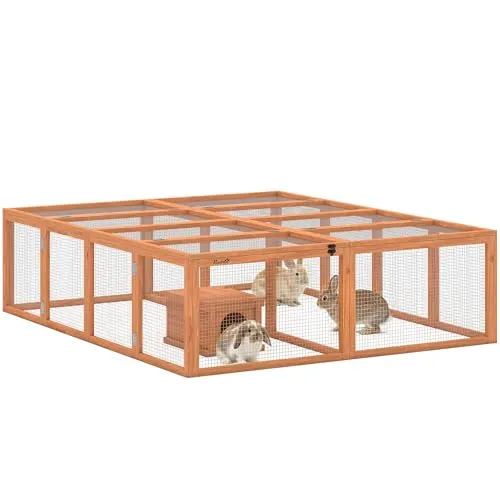 PawHut Freilaufgehege Kaninchenstall aus Holz mit 2 Türen - Sicherer Hasenstall aus FSC-geprüftem Tannenholz mit robustem Drahtgeflecht. Ideal für 2-4 Zwergkaninchen. Doppelter Komfort durch großzügigen Schlafbereich und Freilauf. Einfache Pflege dank großer Türen für mühelose Interaktion.