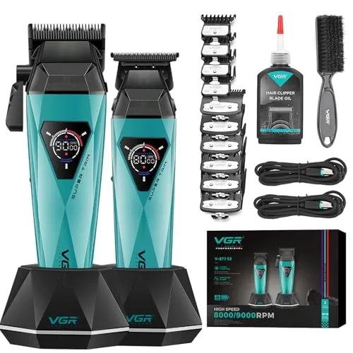 VGR 877S2 Profi Haarschneidemaschine Set Mit DLC Coated Ceramic Blade | Kabelloser Haarschneidemaschine und Zero Gap Präzisionstrimmer mit 9000 U/min Motor, Barber Set mit Ladestation, Grün