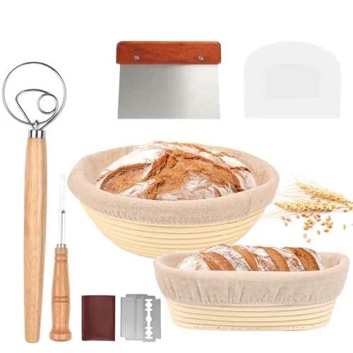 Gärkorb Set: Brot Gärkörbchen aus Peddigrohr - Professionelles Gärkörbchen Set für Brotliebhaber, inkl. runder & ovaler Korb, Teigschaber und Bäckermesser – ideal für knusprige Krusten und fluffiges Brot.