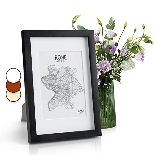 Classic by Casa Chic - Echtholz Bilderrahmen A4 - Schwarz - 21 x 29,7 cm - mit Passepartout für ein 15x20 cm Bild - bruchfestes Sicherheitsglas- Ideal für Zertifikate und Urkunden - Rahmenbreite 2 cm