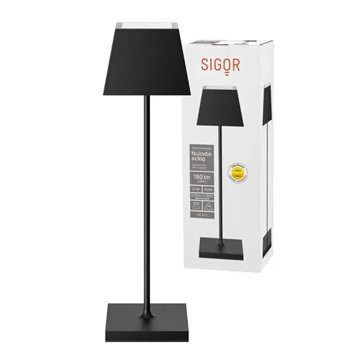 SIGOR Nuindie - Dimmbare LED Akku-Tischleuchte mit eckigem Schirm - Tischlampen für Innen & Außen, IP54 spritzwassergeschützt, bis zu 12 Stunden Leuchtdauer und modernes Design für stimmungsvolles Licht.