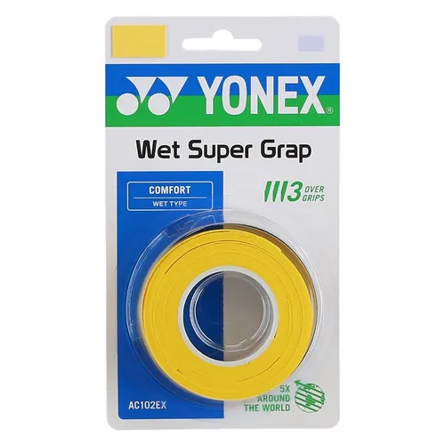 Yonex Overgrip Wet Super Grap 0.6mm - Gelb 3er Pack - Tennis-Zubehör mit hervorragender Dämpfung und Haftung, ideal für optimale Kontrolle bei jedem Schlag. Testsieger Tennismagazin 2002.