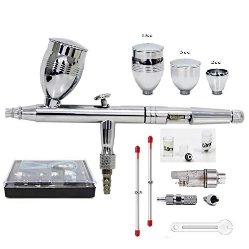 Profi Airbrush Pistole Set 0.3mm 0.5mm 0.8mm, Doppeltwirkender Externe Einstellung, Miniaturpinsel für Kunst Malerei Tattoo
