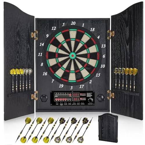 Yirinatek Dartscheibe Elektronisch, Elektronische Dartscheibe mit Schrank | [12 Bronze Soft-Tip Pfeile][Cricket-Spielmodus], Profi E Dart Scheibe mit Holzschrank, für Familienspiele und Bars
