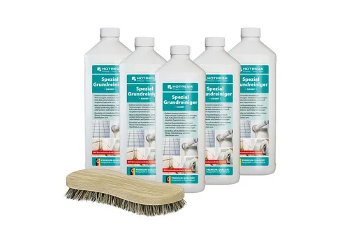 HOTREGA® Spezial Grundreiniger Bauendreinigung 5x1L mit Bürste - Effektiver Intensivreiniger für Bauendreinigung, entfernt hartnäckige mineralische Verkrustungen und schützt Oberflächen mit Korrosionsschutz-Formel. Ideal für Fliesen und Natursteine.