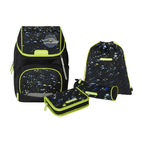 SCHNEIDERS Schulranzen-Set Ergojet Spaceship schwarz - 6-teiliges Schulranzen-Set für Jungen, ergonomisch gestaltet, nachhaltig aus über 70% recycelten PET-Flaschen, ideal für den Schulalltag.