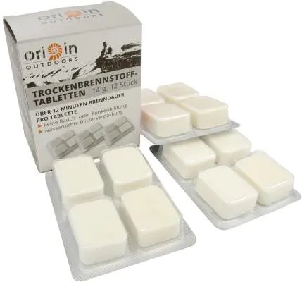 Origin Outdoors Trockenbrennstofftabletten 12x14g - Zubehör Kocher für Wanderer und Camper, bietet über 12 Minuten Brenndauer pro Tablette – ideal für Grill und Outdoor-Küche.