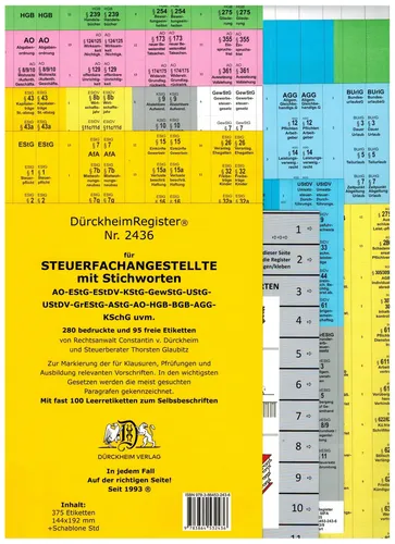 DürckheimRegister STEUERFACHANGESTELLTE - Steuerrecht mit 120 Griffregisteretiketten für AO, EStG, HGB und mehr – für schnelle und einfache Orientierung in Ihrer Steuerunterlage.