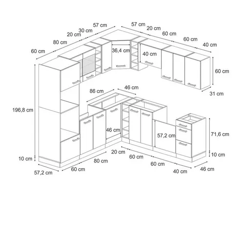 Vicco Eckküche R-Line, Beton/Anthrazit, 237 x 60 cm