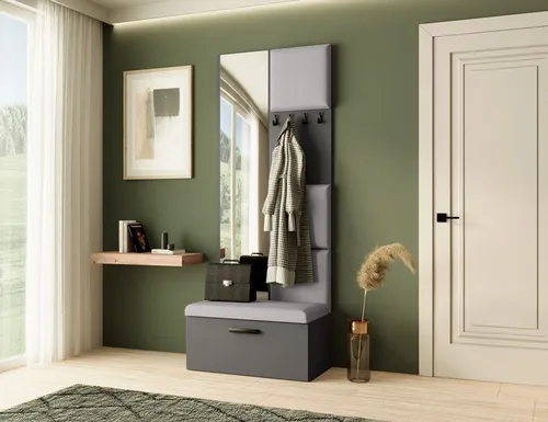 Garderobe MARGARET III - Graphit & Grau mit Spiegel und Haken - Moderne Garderobe für Flure, 81 cm breit, mit gepolsterten Paneelen für Komfort, großem Spiegel und verschließbarem Schuhschrank für Ordnung.