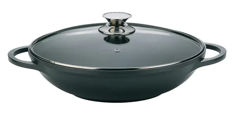 Cheffinger Wok Wokpfanne Aluguss 36cm mit Deckel für Induktion - Die Cheffinger Wokpfanne mit 36 cm Durchmesser aus robustem Aluguss ist ideal für alle Herdarten. Mit kratzfester Marmorbeschichtung und spülmaschinenfestem Design sorgt sie für müheloses Kochen und einfache Reinigung.