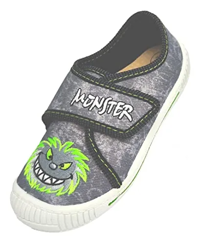 Beck Jungen Monster Hausschuhe, Grau, 34 EU - Hausschuhe aus 100% Baumwolle mit lustigem Monsterdesign, ideal für gemütliche Stunden zu Hause.