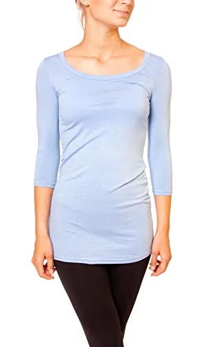 Easy Young Fashion - Damen Basic 3/4 Arm T-Shirt Rundhals - langes Unterziehshirt - Longshirt Skinny Fit 1098 - Hellblau M/L