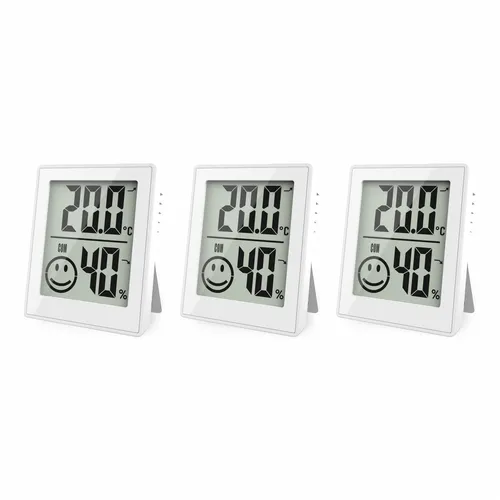 3x Digital Mini Hygrometer Thermometer mit Smiley-Komfortanzeige - Wetterstationen mit komfortabler Smiley-Anzeige für optimale Raumtemperatur, ideal für Zuhause oder Büro, inklusive Wandhalterung und Standfuß.