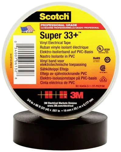 3M Scotch Super 33+ Vinyl Elektro-Isolierband, Schwarz, 19 mm x 20 m - UV-beständig und elastisch für zuverlässige elektrische Isolierung