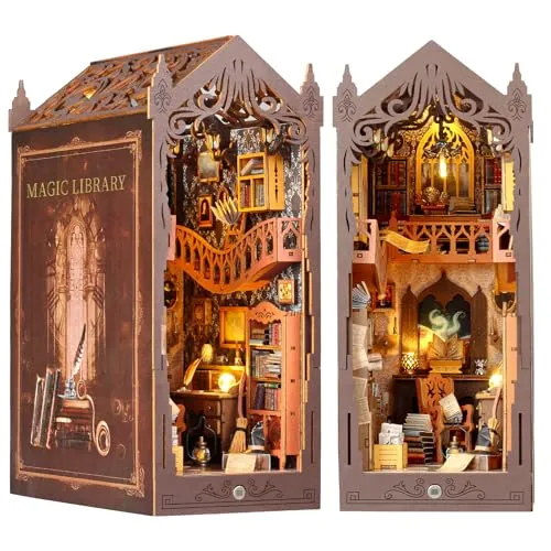DIY Book Nook Kit, Diealles Shine 3D Holzpuzzle Book Nook Library mit LED-Licht, DIY Puppenhäuser Miniatur Haus Modellbausatz für Bücherecke Weihnachten Geburtstag Geschenke
