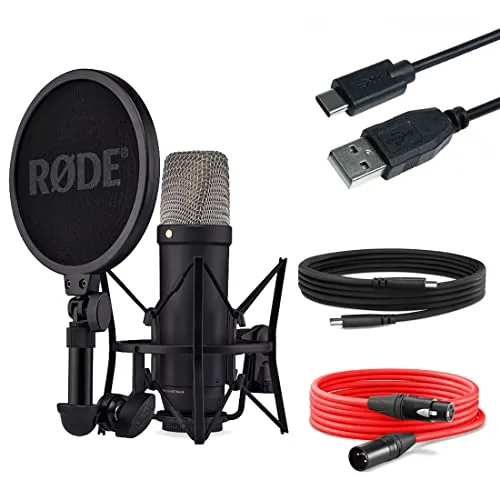 RØDE NT1 5th Generation Mikrofon Schwarz mit USB-Kabel - Professionelles Studio-Mikrofon mit XLR und USB-C Anschluss, integrierten Effekten und extrem niedrigem Eigenrauschen für herausragende Klangqualität bei Gesang und Streaming.