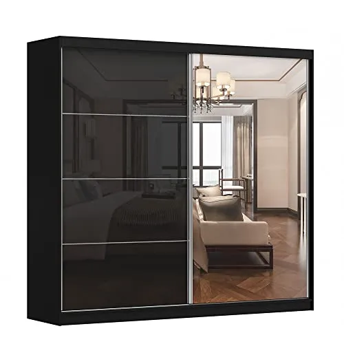 Kleiderschrank M31 mit Spiegel 233 cm - Kleiderschrank mit 2 Schiebetüren und Hochglanz-Fronten, bietet viel Stauraum mit 2 Kleiderstangen und 10 Einlegeböden, ideal für ein stilvolles Schlafzimmer.