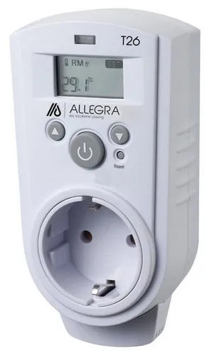ALLEGRA Steckdosenthermostat T26 - Steckdosen-Thermostat für präzise Temperaturregelung, ideal für Heiz- und Kühlgeräte. Mit integriertem Hochleistungsakku, der Einstellungen bei Stromausfall speichert.