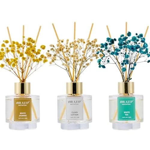 Airkeep Raumduft 50ml x3, Reed Diffuser mit Clean Cotton, White Jasmine, White Tea, Raum Duft mit 24 Duftstäbchen, Lufterfrischer für Badezimmer, Wohnung, Heimdekoration