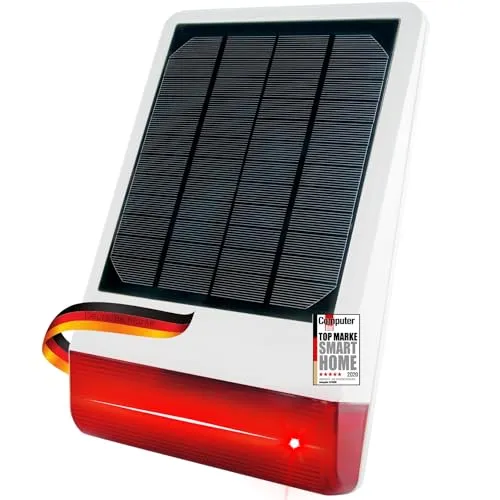 SCHWAIGER ZHS14 Außensirene - IP56 Sirene für Smart Home, akkubetrieben mit bis zu 40 Tagen Betriebsbereitschaft, ideal für Sicherheit im Außenbereich, inklusive Solarpanel und Wandhalterung.