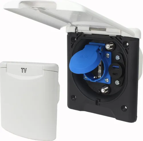 ABL Multifunktions Außensteckdose für Wohnmobile und Wohnwagen - Hochwertige Steckdose mit USB-A und USB-C, ideal für den Einsatz im Freien. Schutzklasse IP54, witterungsbeständig und perfektes Design für Wohnmobile.